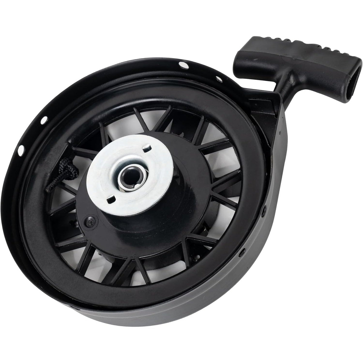 590739 recoil starter assembly for Tecumseh lawn mower engines with black housing and pull handle.