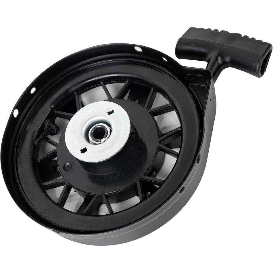 590739 recoil starter assembly for Tecumseh lawn mower engines with black housing and pull handle.