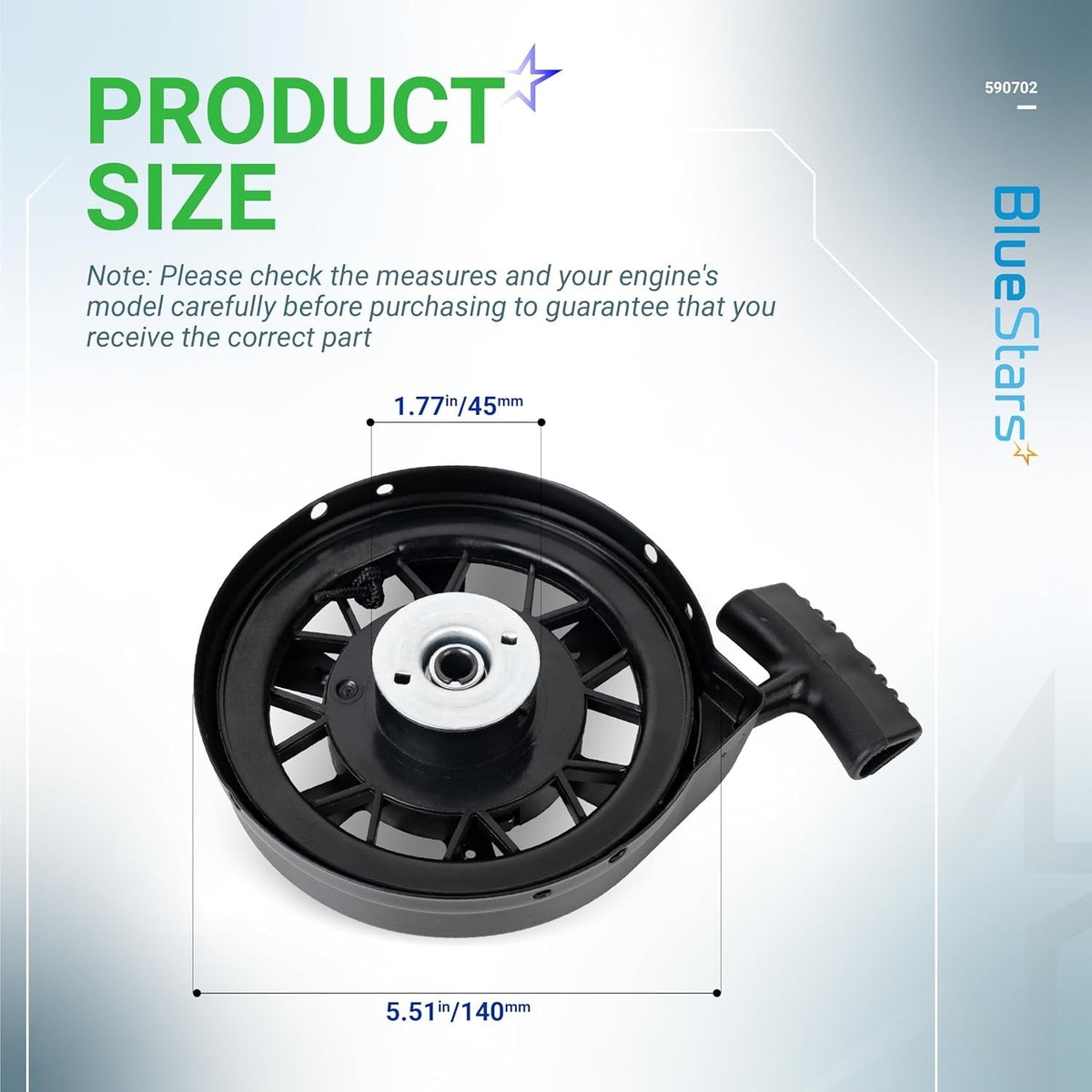 Dimensional diagram of 590739 recoil starter for Tecumseh lawn mower engines showing 140mm diameter and 45mm center hole.
