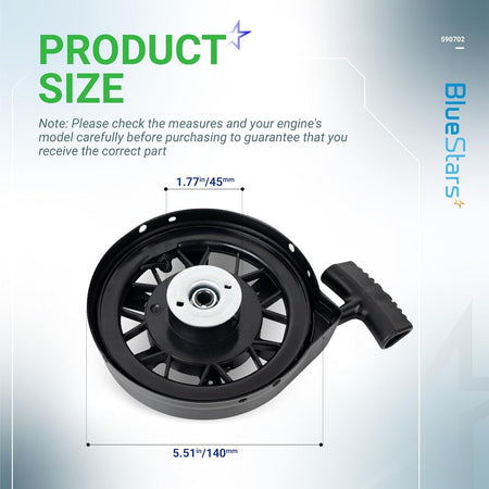 Dimensional diagram of 590739 recoil starter for Tecumseh lawn mower engines showing 140mm diameter and 45mm center hole.