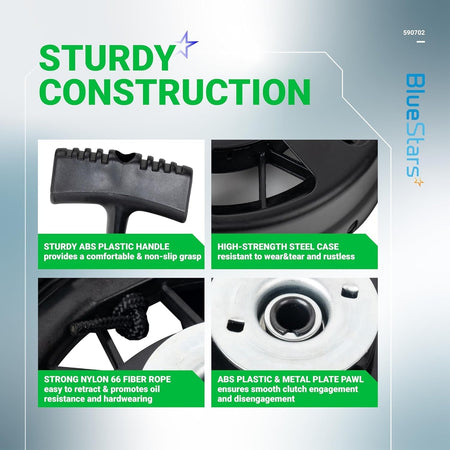 Infographic showing construction details of 590739 recoil starter including handle, steel case, rope, and pawl mechanism.