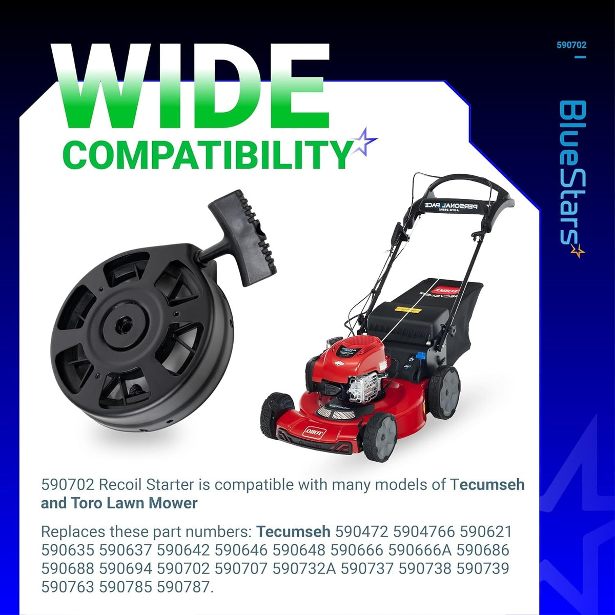 590739 recoil starter assembly shown with a compatible Toro lawn mower and compatibility information graphic.