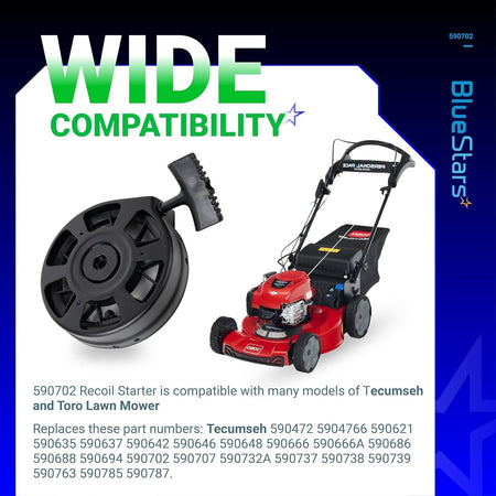 590739 recoil starter assembly shown with a compatible Toro lawn mower and compatibility information graphic.