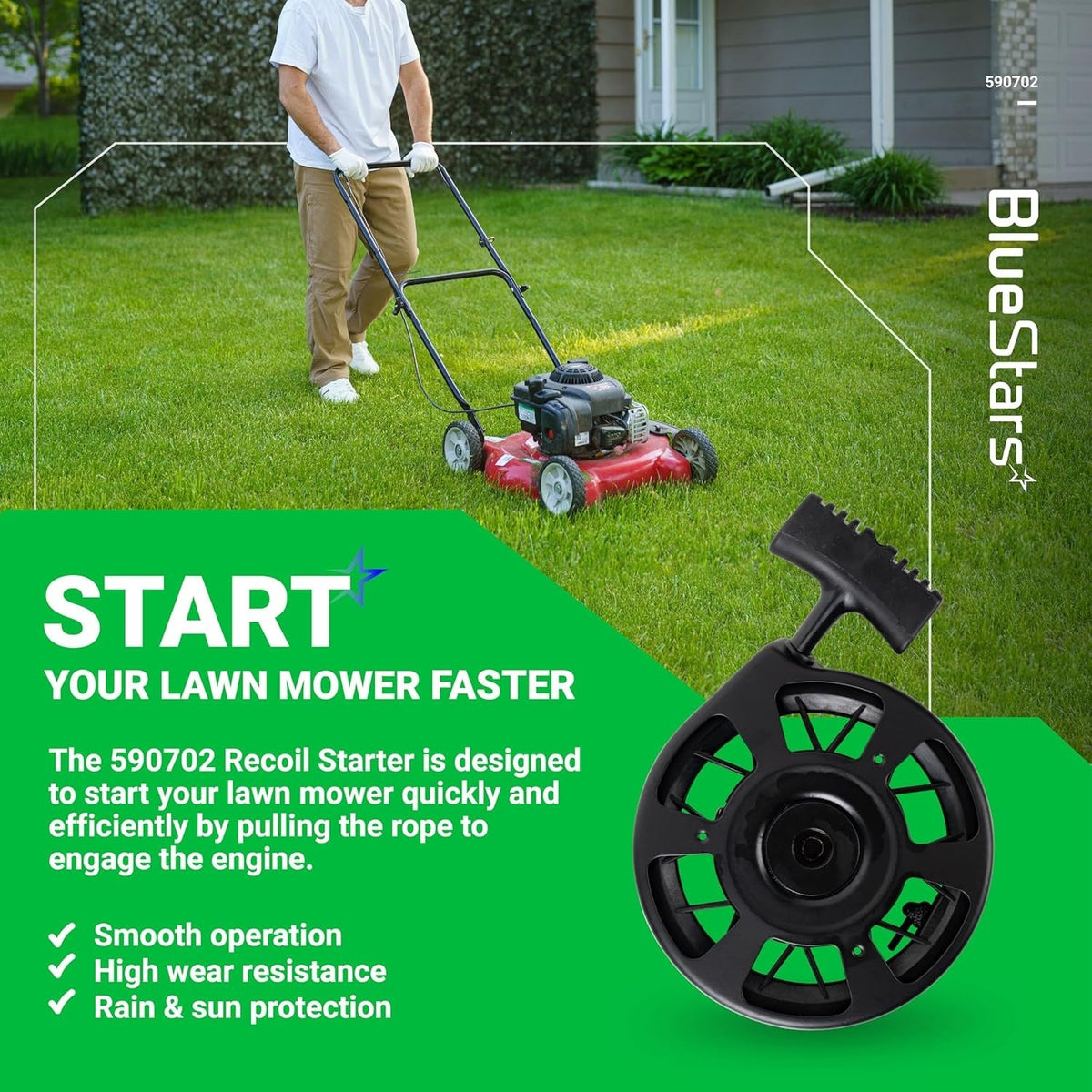 Black 590739 recoil starter assembly for Tecumseh lawn mower engines shown on a promotional product graphic.