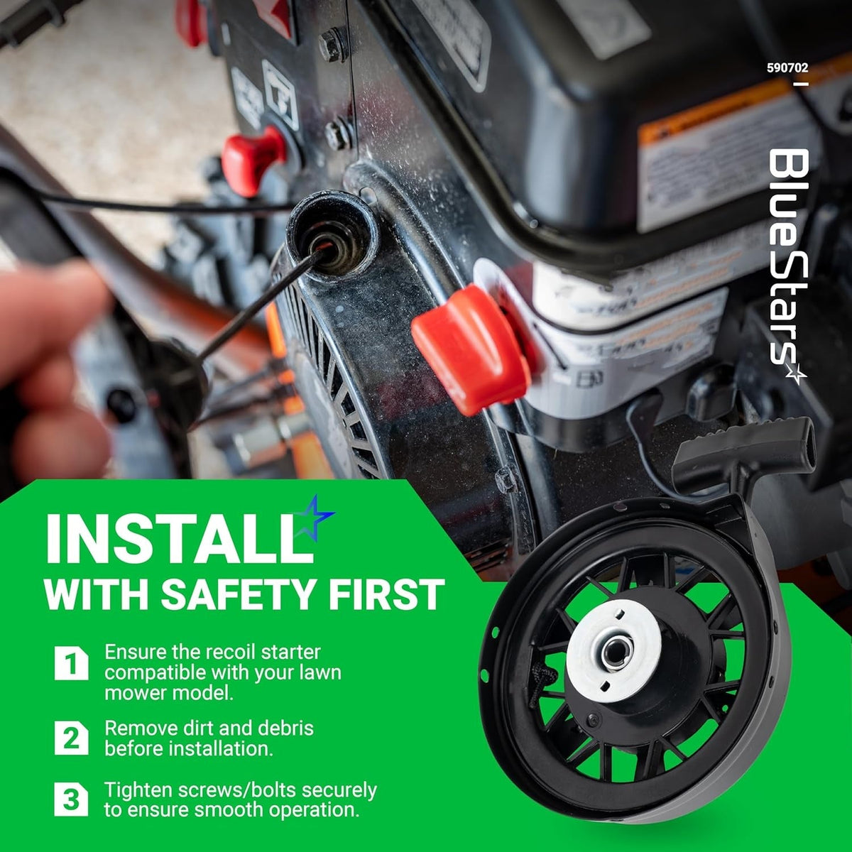 590739 recoil starter replacement part shown with installation safety instructions for Tecumseh lawn mower engines.