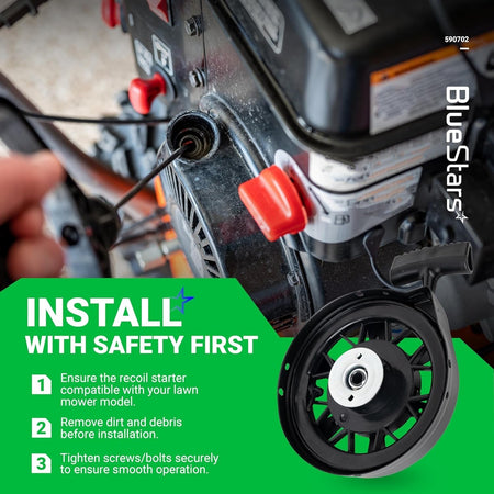 590739 recoil starter replacement part shown with installation safety instructions for Tecumseh lawn mower engines.