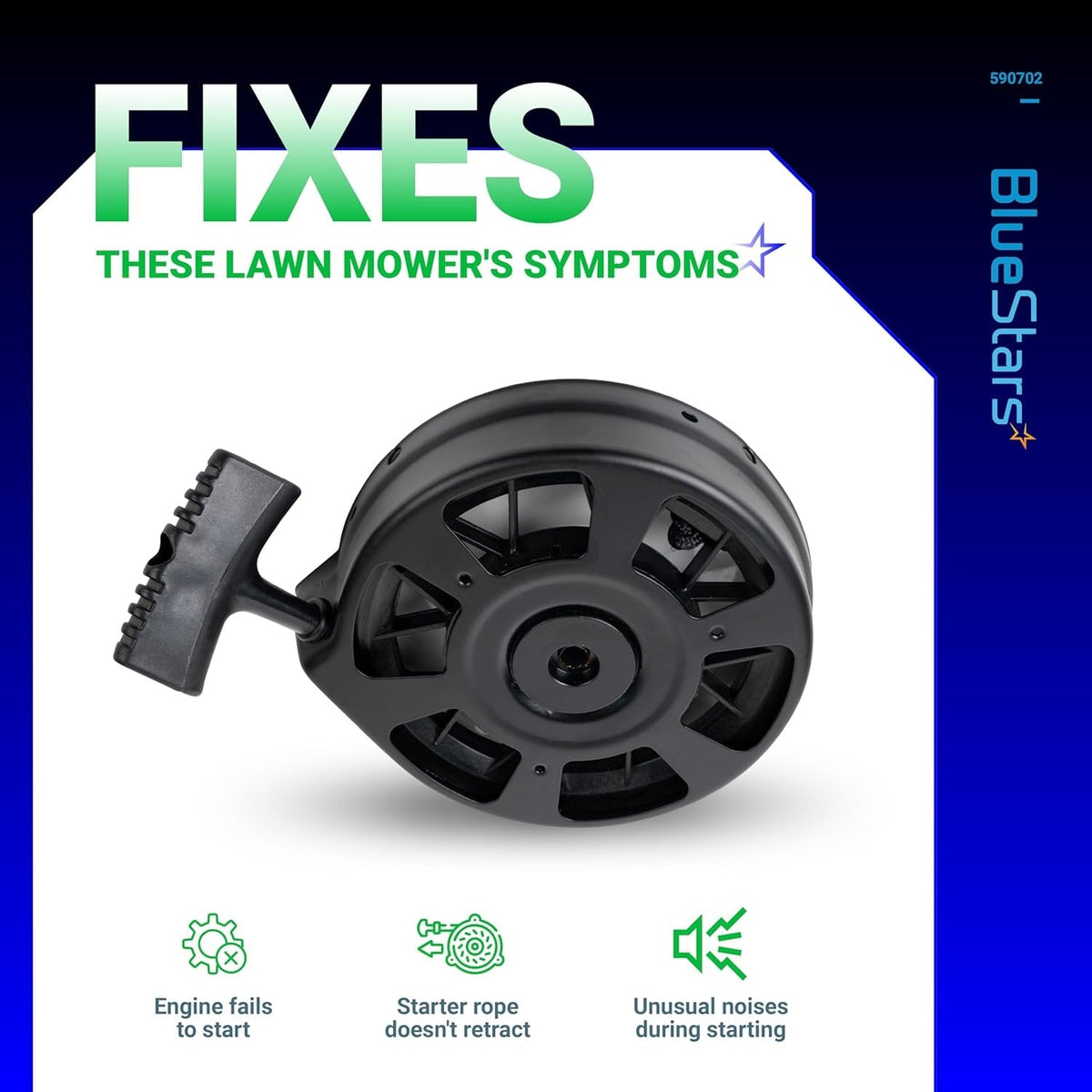 590739 recoil starter assembly for Tecumseh lawn mower engines with symptom troubleshooting infographic.