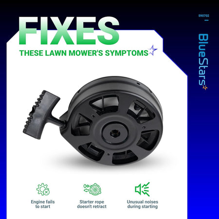 590739 recoil starter assembly for Tecumseh lawn mower engines with symptom troubleshooting infographic.