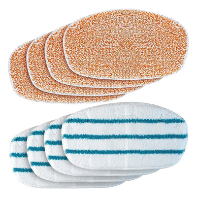 Four orange microfiber scrub pads and four white striped soft cleaning pads for PurSteam ThermaPro 10-in-1 steam mop.