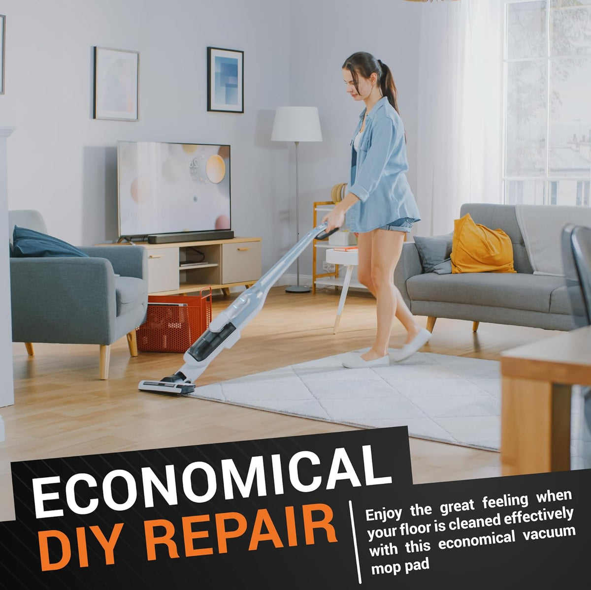 Woman using a steam mop with replacement microfiber pads on a living room rug.