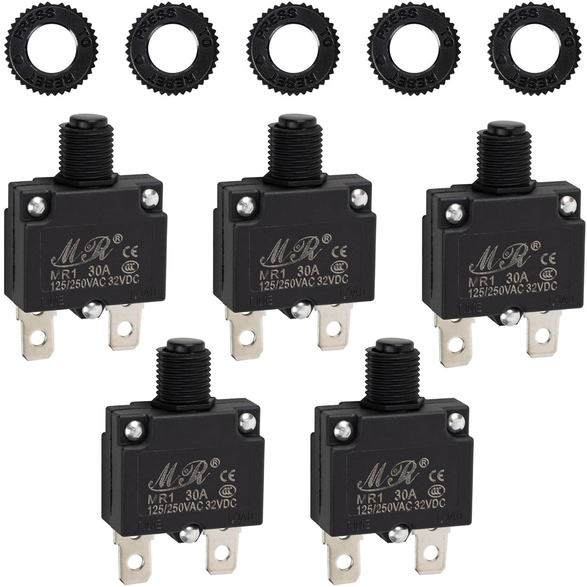 Five 30Amp thermal circuit breakers with matching black reset nuts for 125/250V applications.