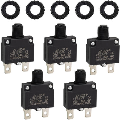 Five 30Amp thermal circuit breakers with matching black reset nuts for 125/250V applications.