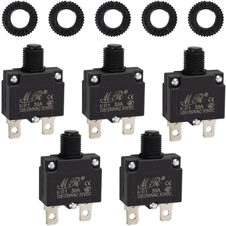 Five 30Amp thermal circuit breakers with matching black reset nuts for 125/250V applications.
