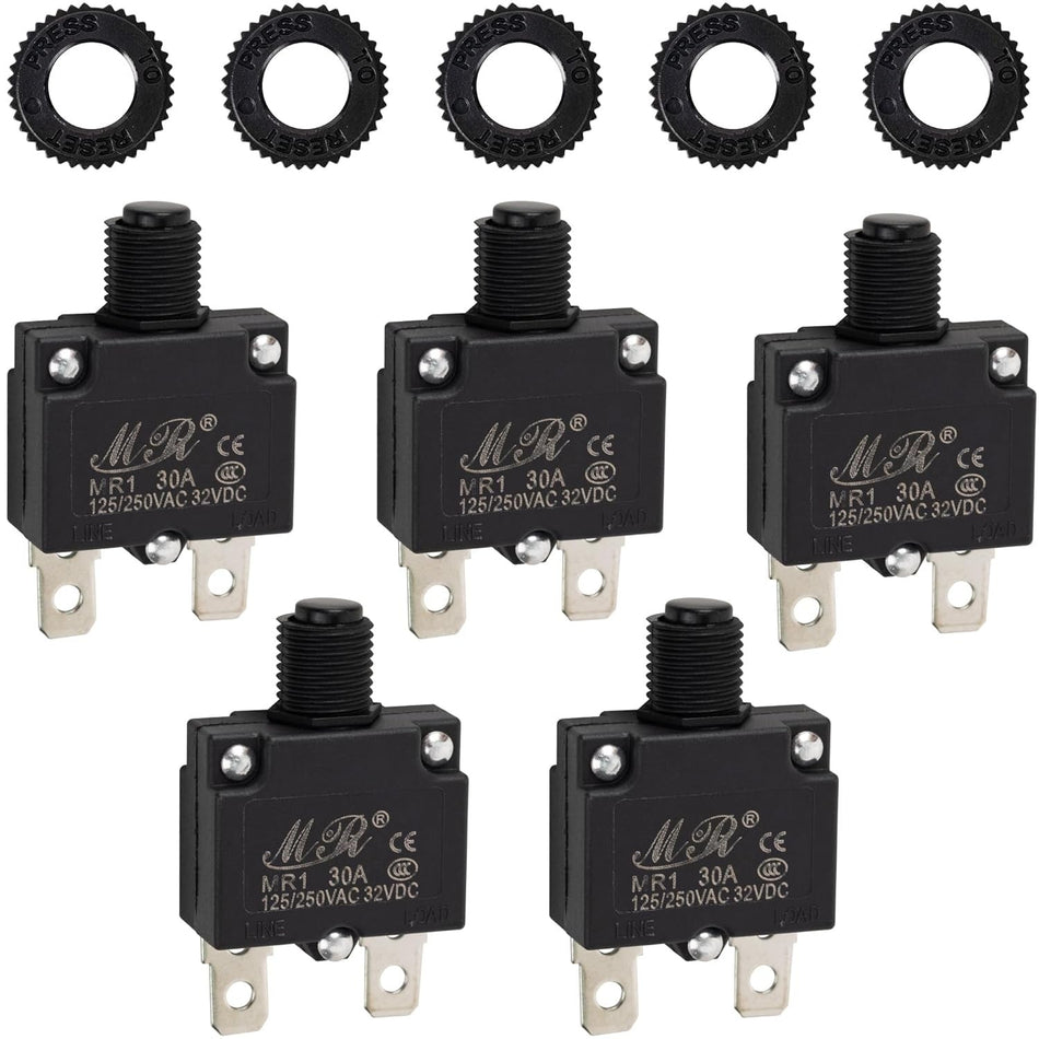 Five 30Amp thermal circuit breakers with matching black reset nuts for 125/250V applications.