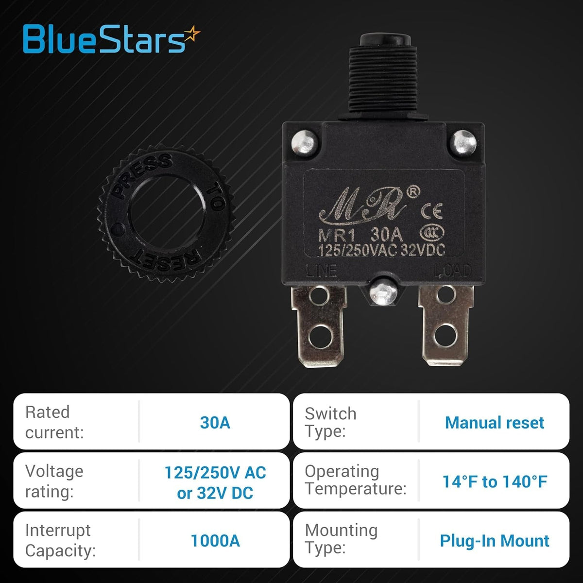 Single 30Amp thermal circuit breaker with manual reset button and mounting nut.