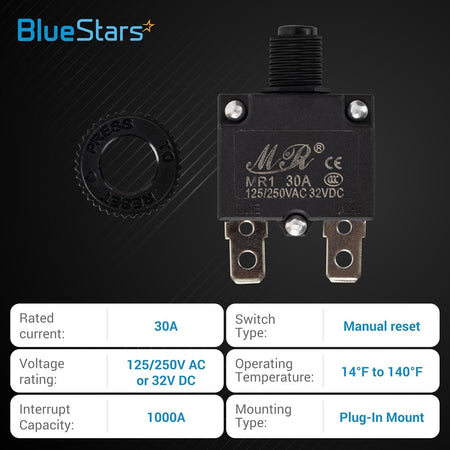 Single 30Amp thermal circuit breaker with manual reset button and mounting nut.