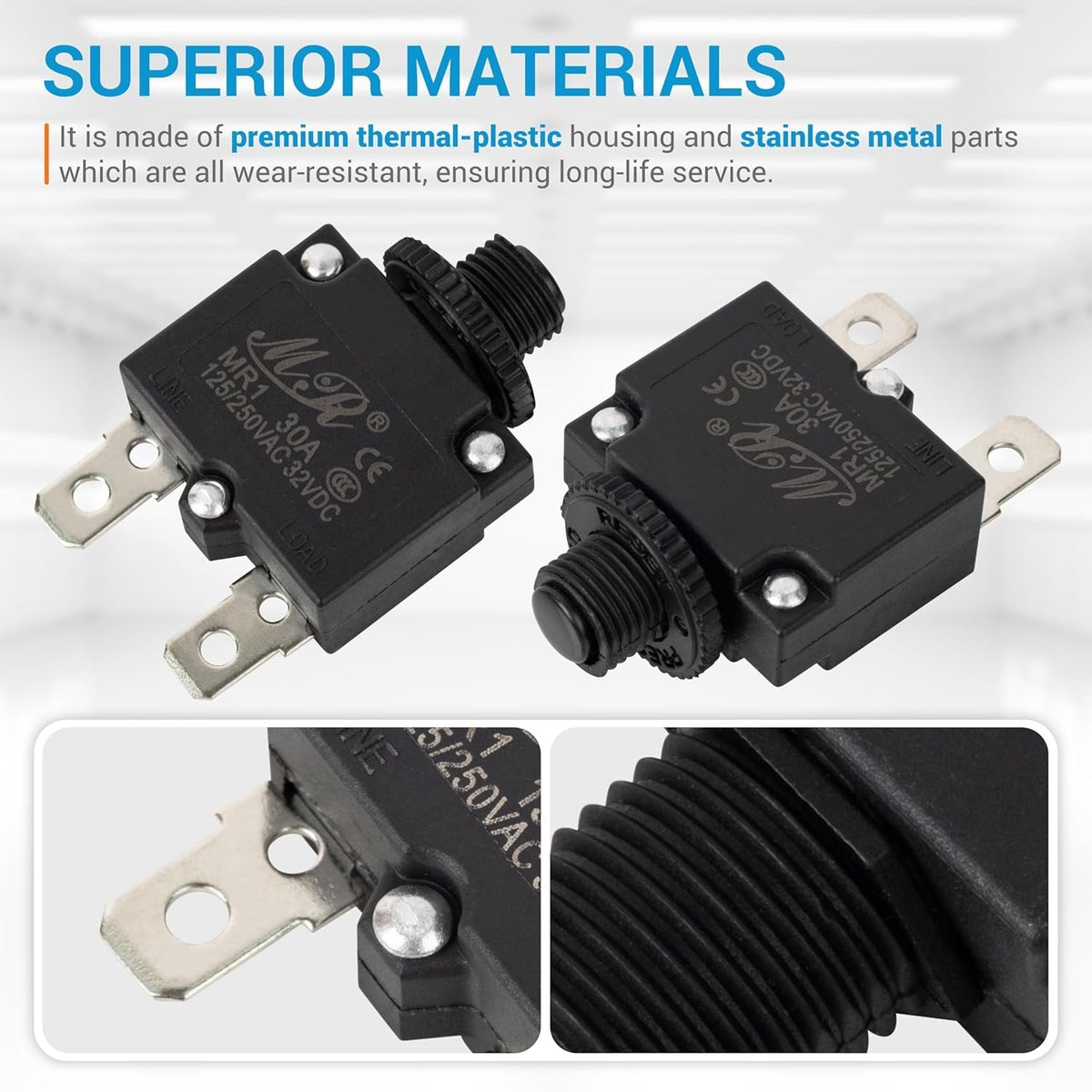 Two 30Amp thermal circuit breakers with durable plastic housing and metal terminals.