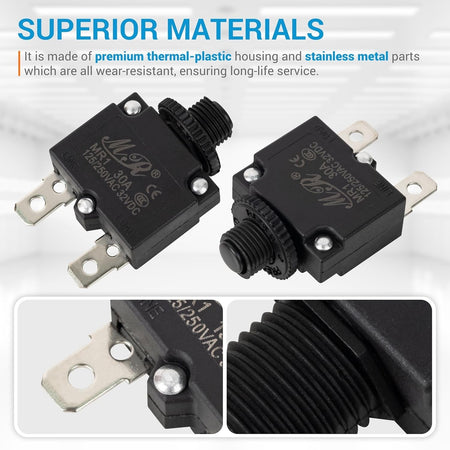Two 30Amp thermal circuit breakers with durable plastic housing and metal terminals.