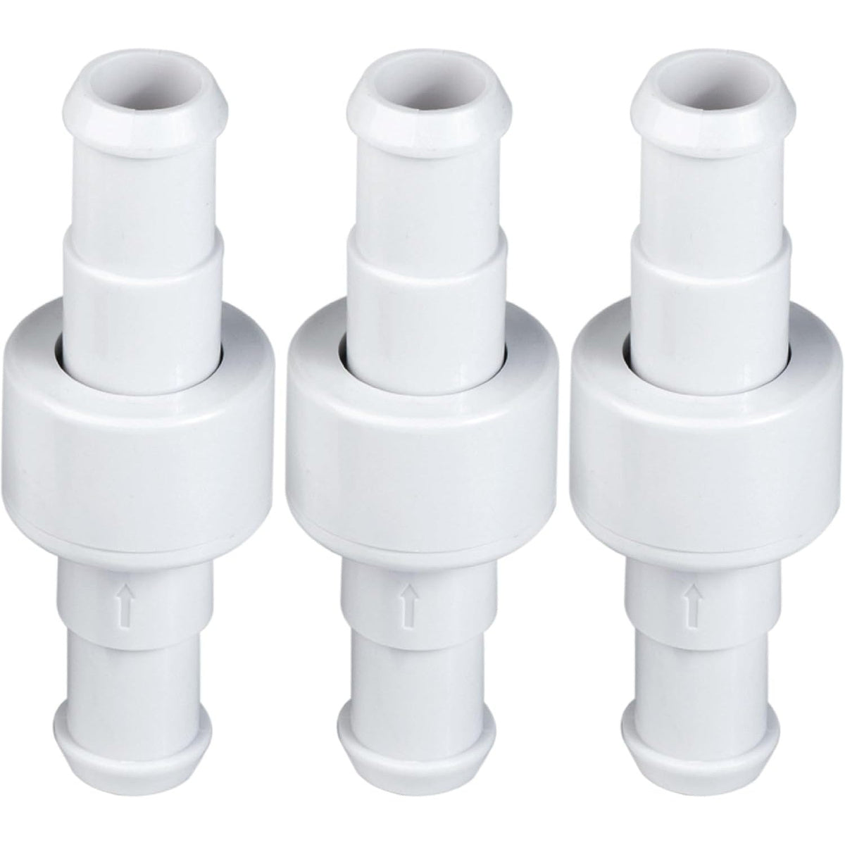 Three white D20 hose swivel replacements for Zodiac Polaris pool cleaners.