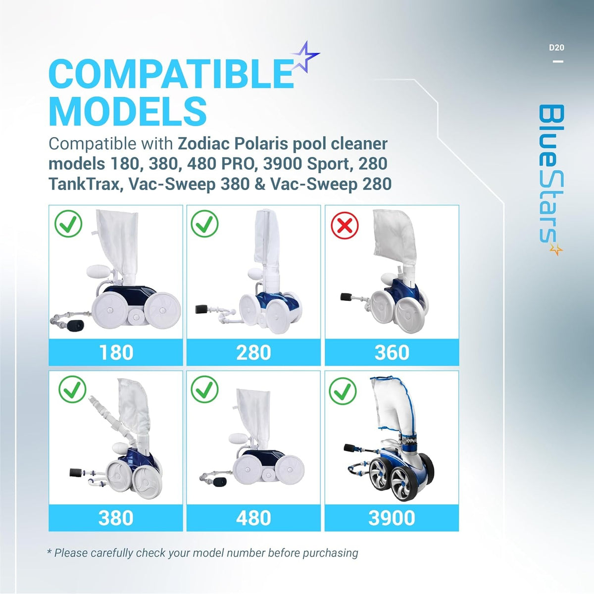 Compatibility chart for D20 pool cleaner hose swivel showing compatible Zodiac Polaris models 180, 280, 380, 480, and 3900.