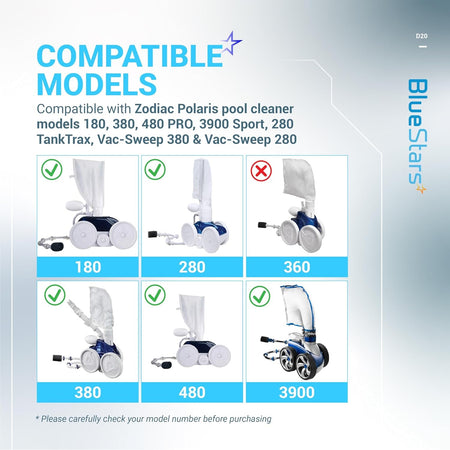 Compatibility chart for D20 pool cleaner hose swivel showing compatible Zodiac Polaris models 180, 280, 380, 480, and 3900.
