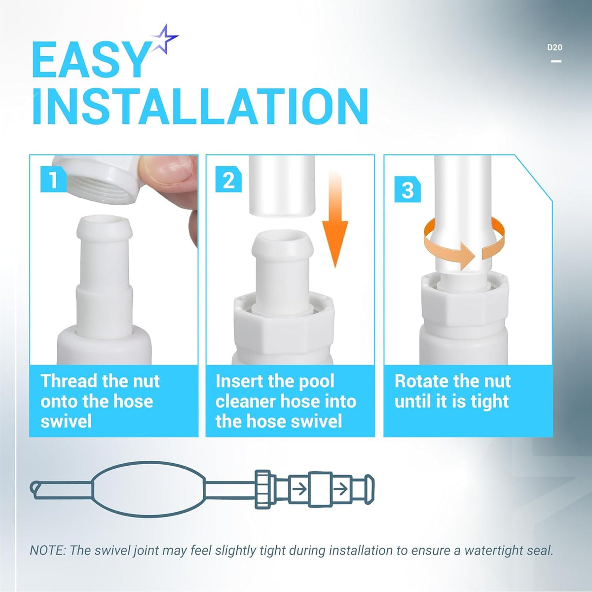 Three-step installation guide for D20 pool cleaner hose swivel replacement for Zodiac Polaris cleaners.