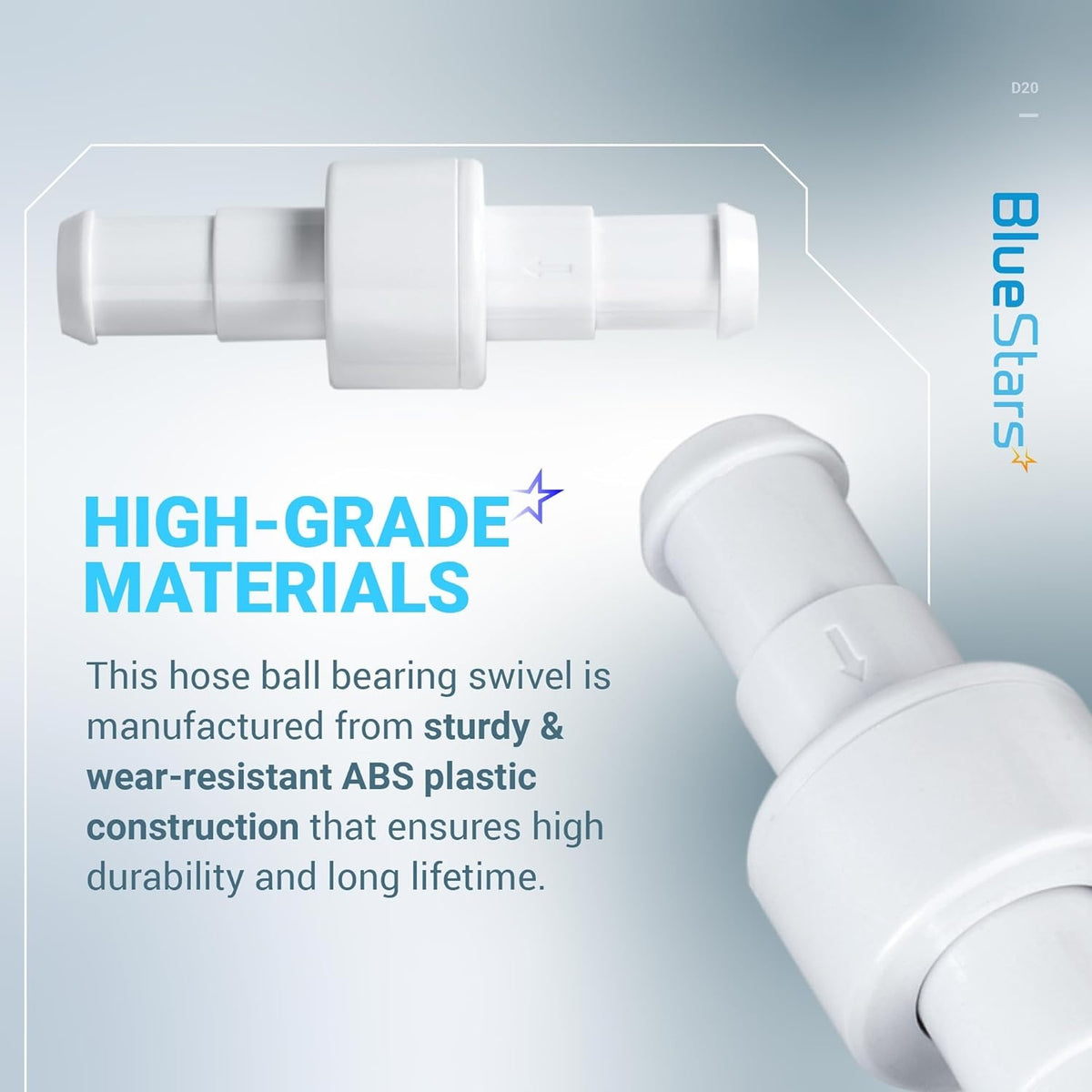 Close-up of D20 pool cleaner hose swivel replacement made of durable white ABS plastic for Zodiac Polaris cleaners.