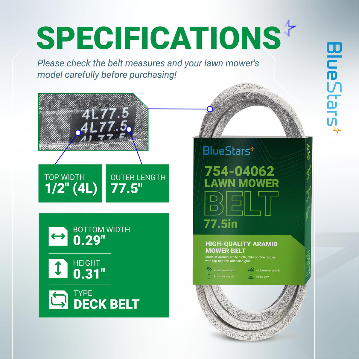 Specification chart for 754-04062 deck belt showing dimensions, 4L77.5 markings, and product packaging.
