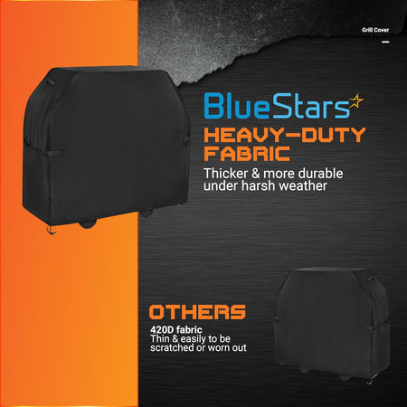 Comparison graphic showing heavy-duty 600D grill cover fabric versus standard 420D material.