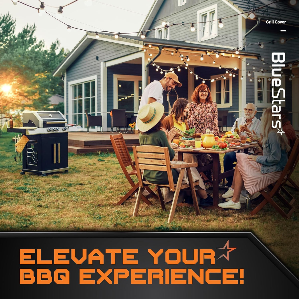 Lifestyle image of a family dining outdoors near a gas grill, representing the use of a 58-inch heavy-duty grill cover.
