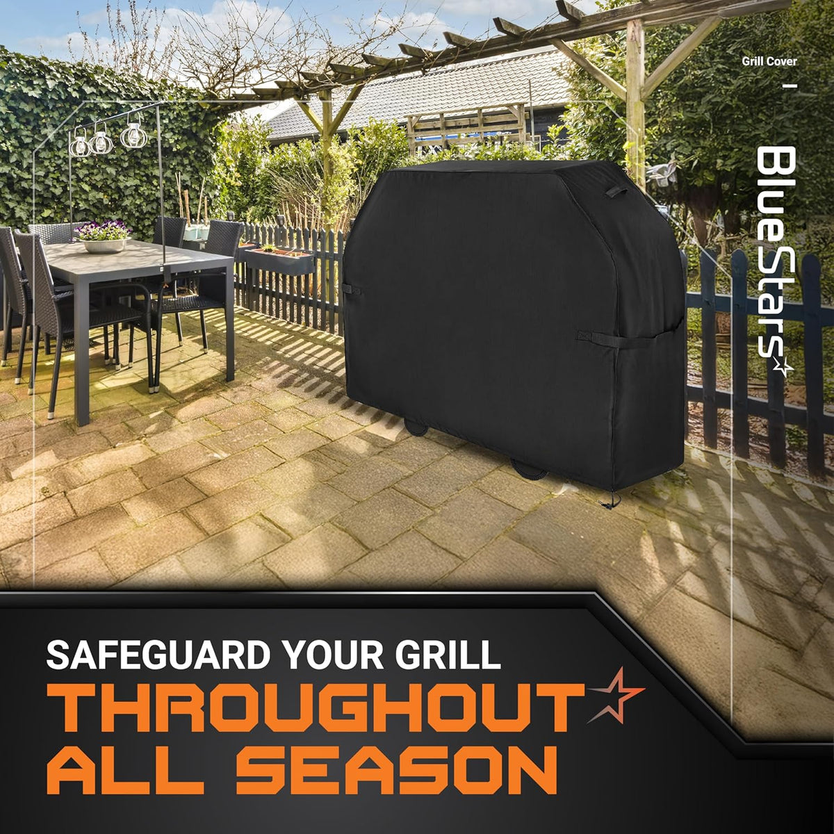 Black 58-inch 600D outdoor gas grill cover installed on a patio grill.