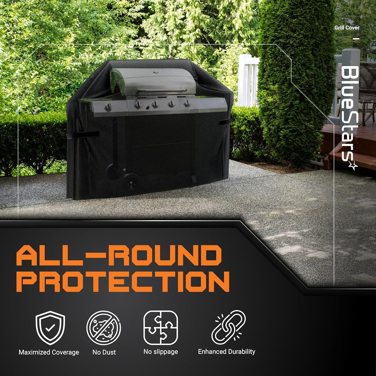 58-inch 600D black outdoor gas grill cover protecting a grill on a patio with all-round protection feature icons.