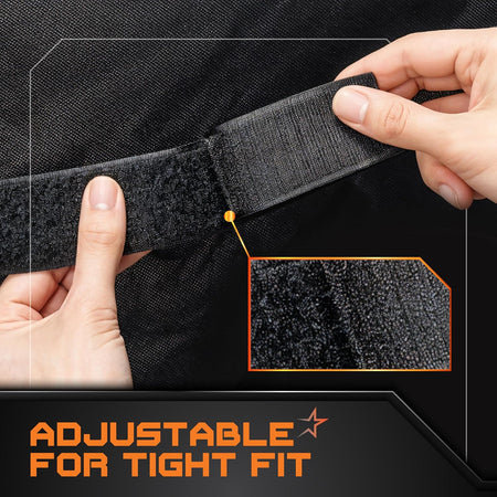 Close-up of adjustable velcro strap on 600D outdoor gas grill cover for a secure fit.