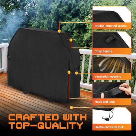58-inch grill cover features highlighting double-stitched seams, strap handles, ventilation, and adjustable fasteners.