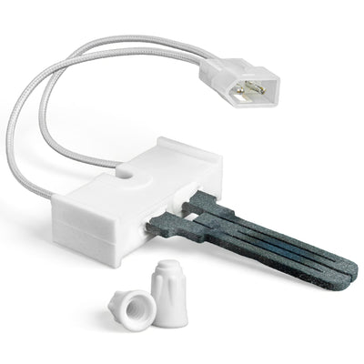 Flat style gas dryer igniter replacement part with wire harness and two wire nuts.