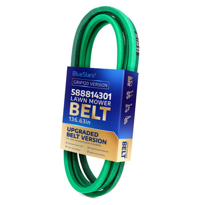 588814301 green lawn mower deck belt in BlueStars retail packaging, 136.63-inch replacement for Husqvarna and RedMax.