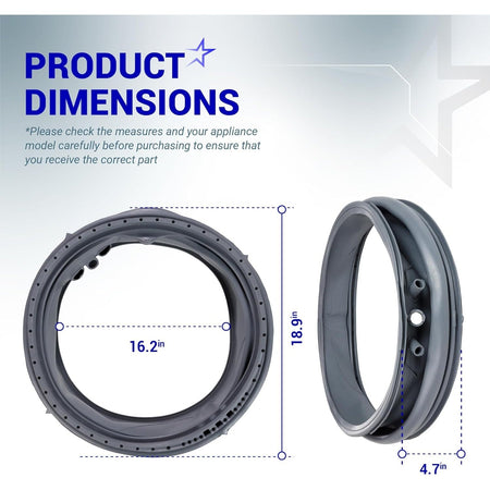 Dimensional diagram of 5304505004 washer door boot seal showing 18.9in, 16.2in, and 4.7in measurements.