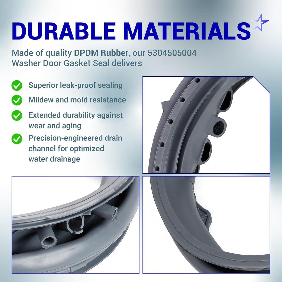 Infographic showing durable rubber material and close-up details of 5304505004 washer door boot seal.