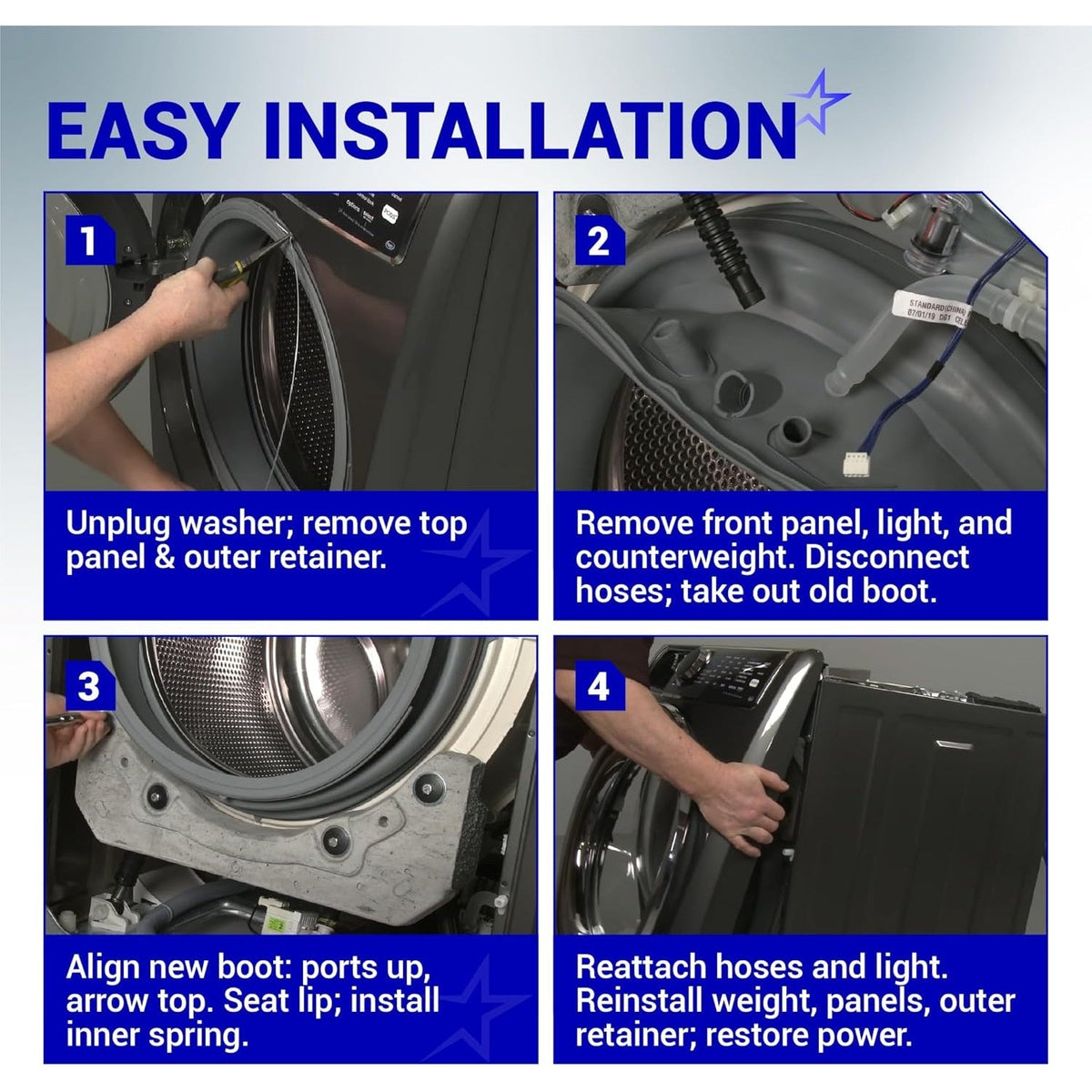 Four-step installation guide for Electrolux washer door boot seal replacement.