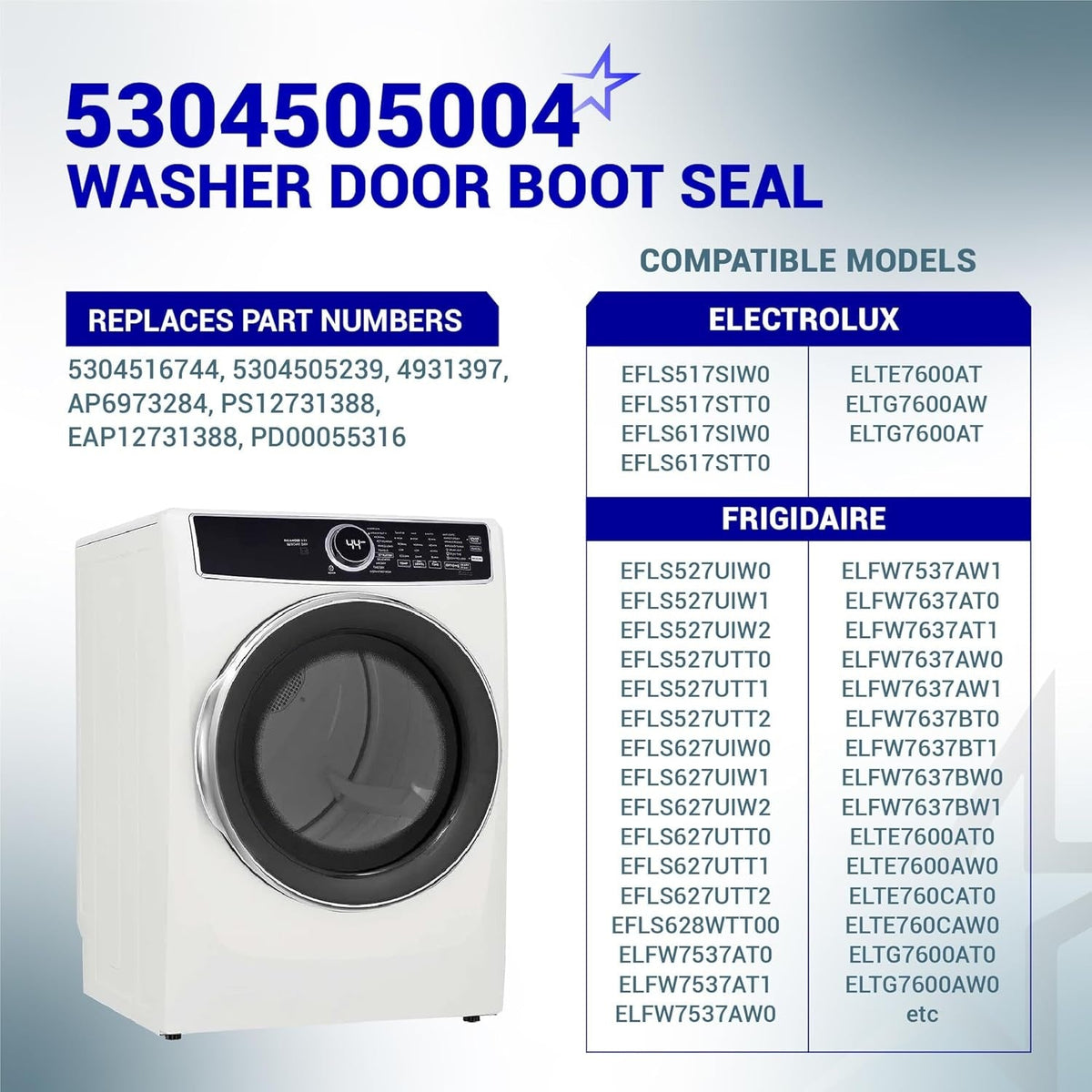 5304505004 washer door boot seal information graphic with compatible Electrolux and Frigidaire dryer models.