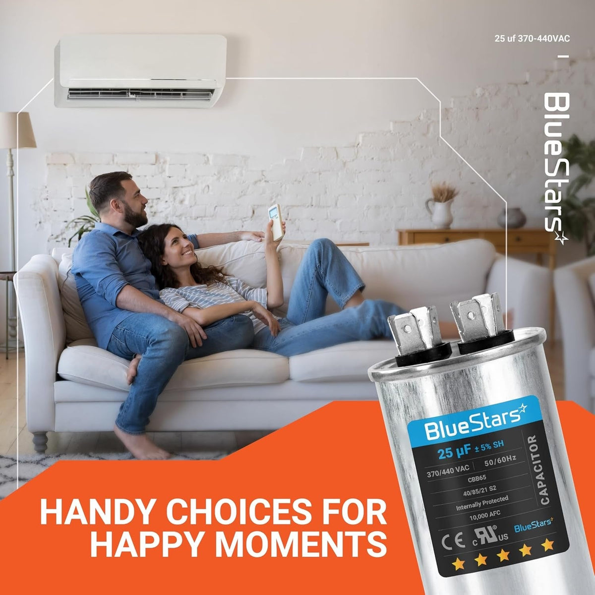25 uF 370/440 VAC round motor run capacitor for air conditioners and heat pumps with lifestyle background.