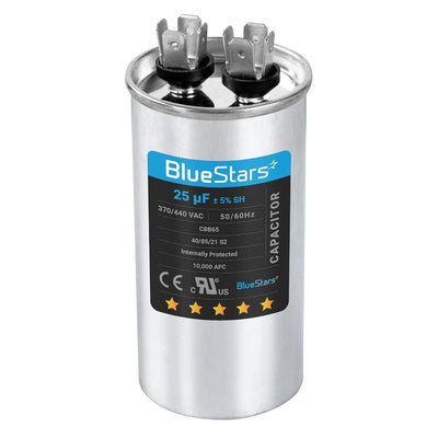 25 uF 370/440 VAC round motor run capacitor for air conditioners and heat pumps with dual terminal top.