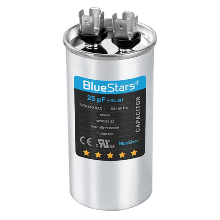 25 uF 370/440 VAC round motor run capacitor for air conditioners and heat pumps with dual terminal top.