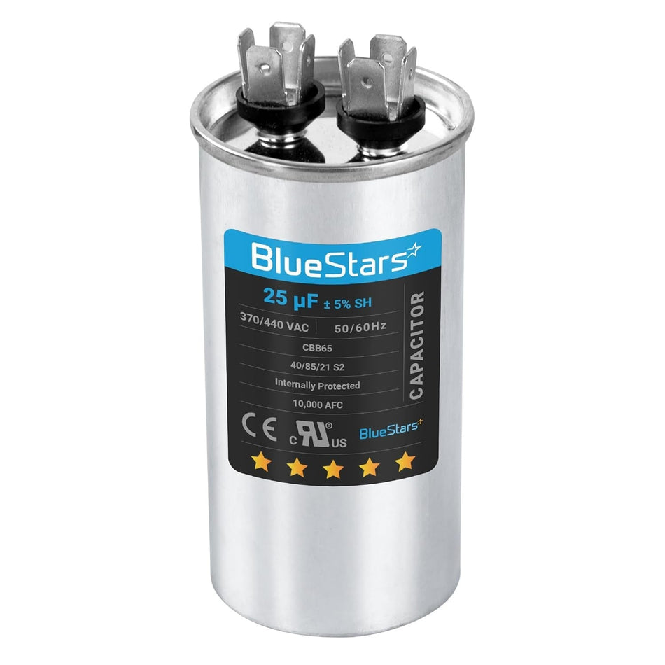 25 uF 370/440 VAC round motor run capacitor for air conditioners and heat pumps with dual terminal top.