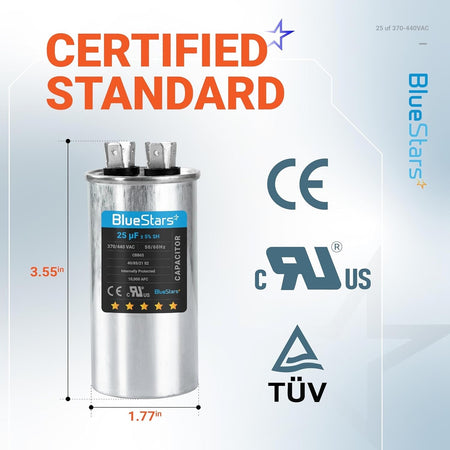 25 uF round motor run capacitor with dimensions and safety certification logos displayed.
