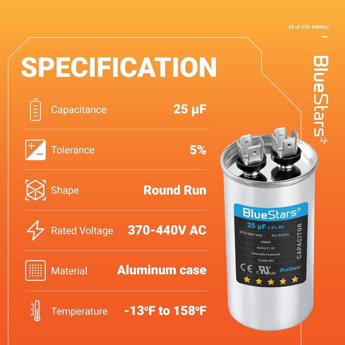 Infographic showing technical specifications for a 25 uF 370/440 VAC round motor run capacitor.