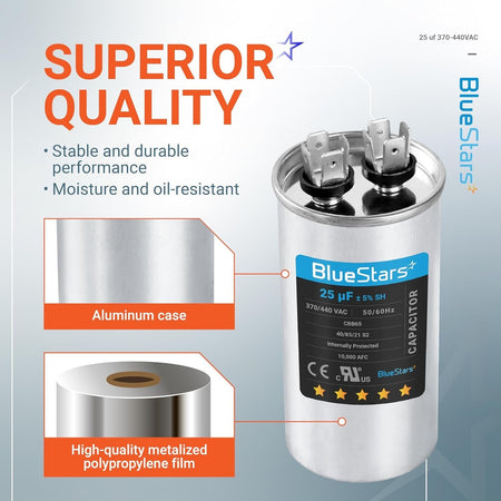 25 uF 370/440 VAC round motor run capacitor with aluminum case and metalized polypropylene film construction.