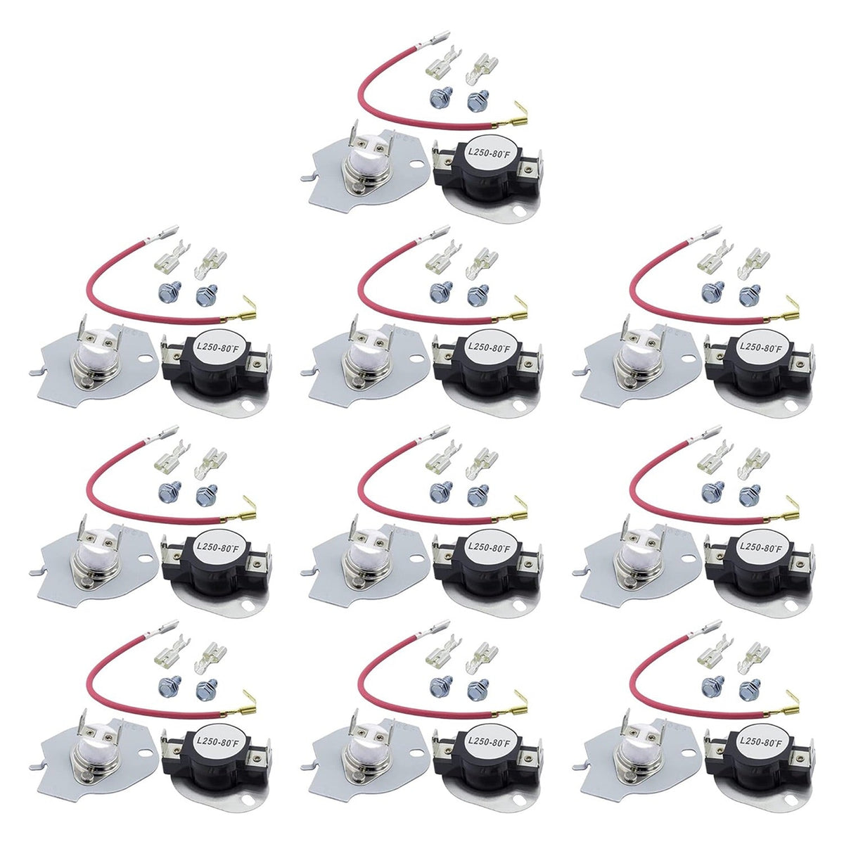 Pack of 10 dryer thermal cut-off kits with thermostats, wiring harnesses, and mounting screws for Whirlpool and Kenmore.