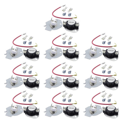 Pack of 10 dryer thermal cut-off kits with thermostats, wiring harnesses, and mounting screws for Whirlpool and Kenmore.