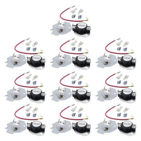 Pack of 10 dryer thermal cut-off kits with thermostats, wiring harnesses, and mounting screws for Whirlpool and Kenmore.